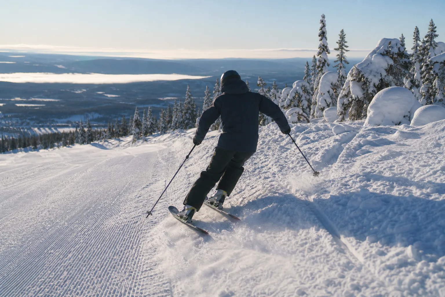 Skidåkare svänger på en allmountain-skida i blandad terräng mellan pist och lössnö