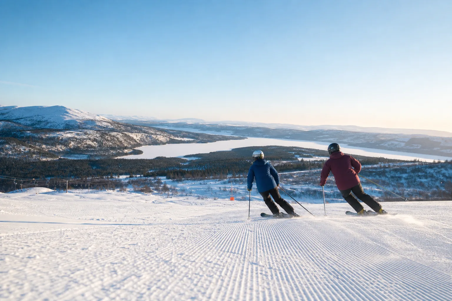 Slalomskidor på snöig pist en klar vinterdag