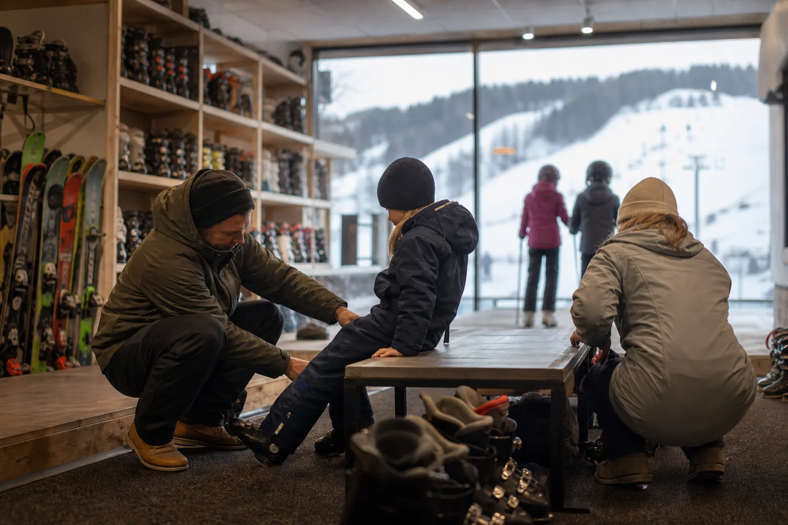 Förälder och barn hämtar ut hyrda barnskidor och pjäxor i en uthyrningsbutik vid backen