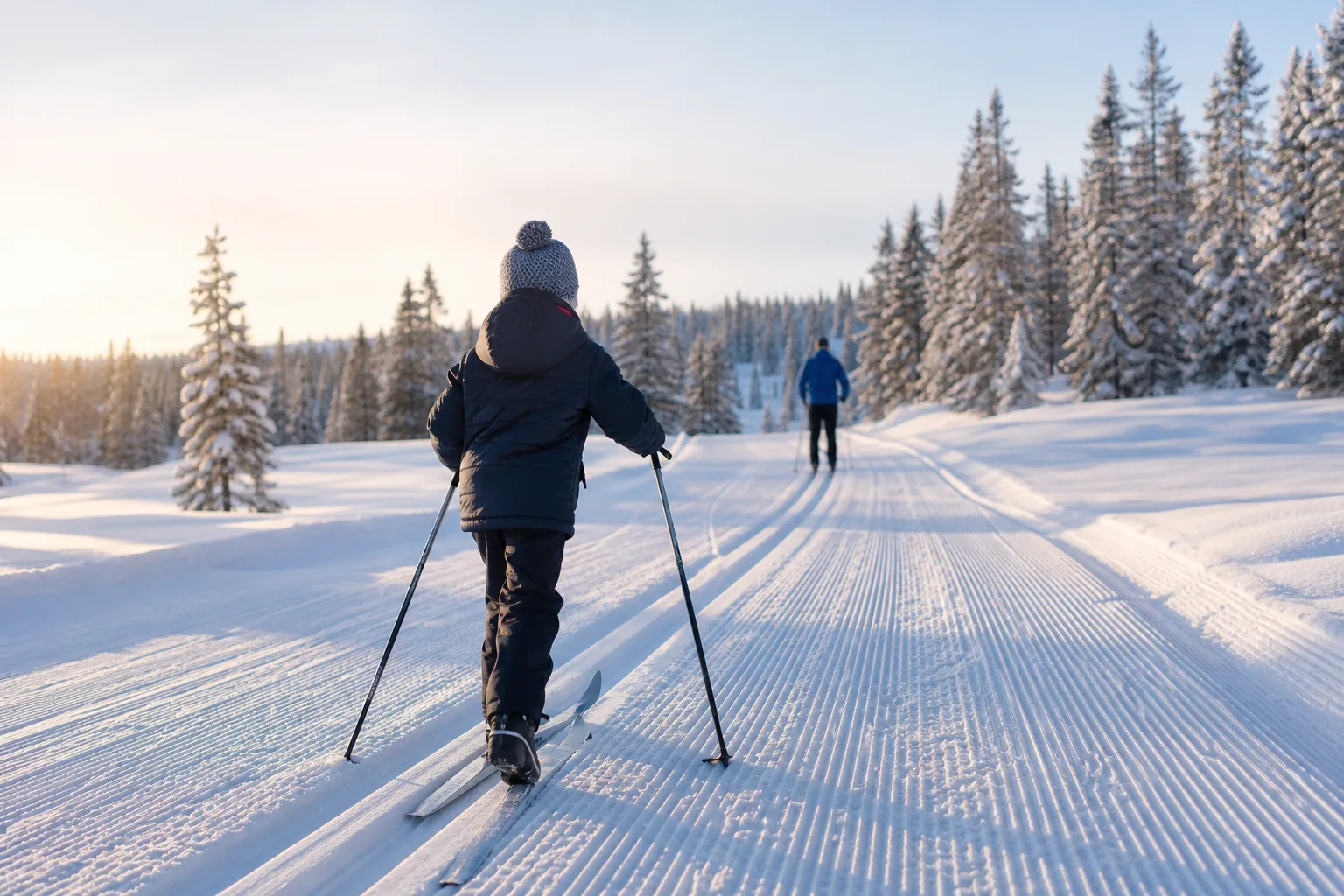 Barn åker klassisk längdskidor i ett preparerat spår