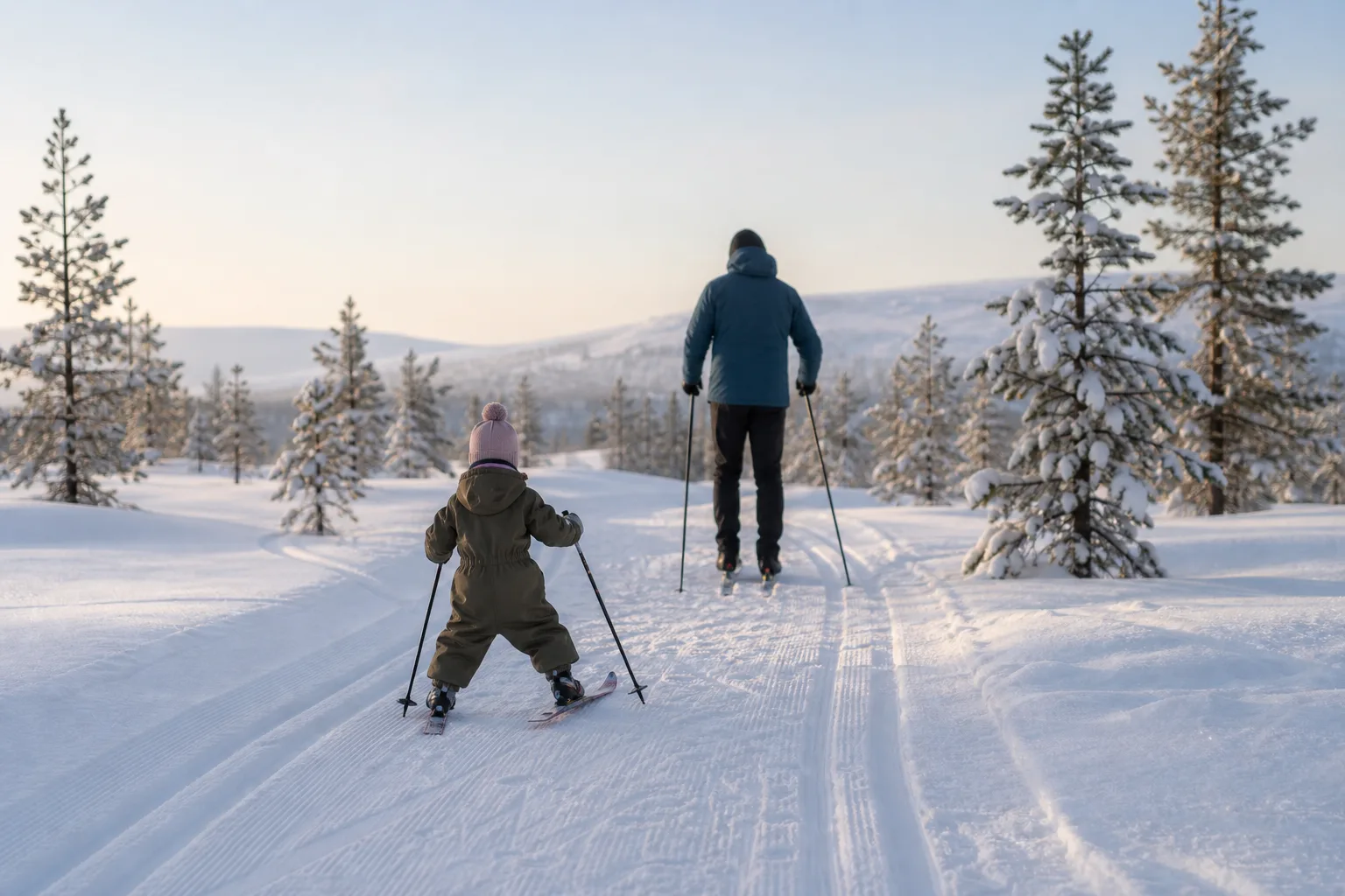 Litet barn tar sina första försiktiga steg på skidor i ett lugnt spår tillsammans med en förälder