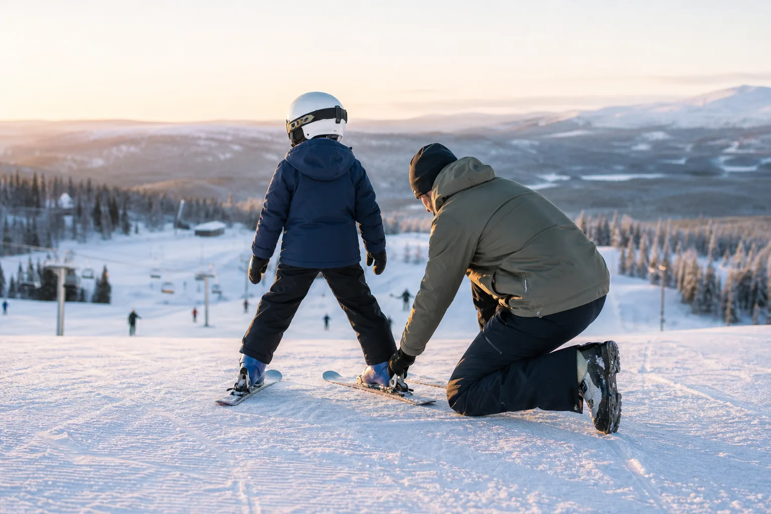 Barn i skidutrustning provar skidor tillsammans med en förälder i backen