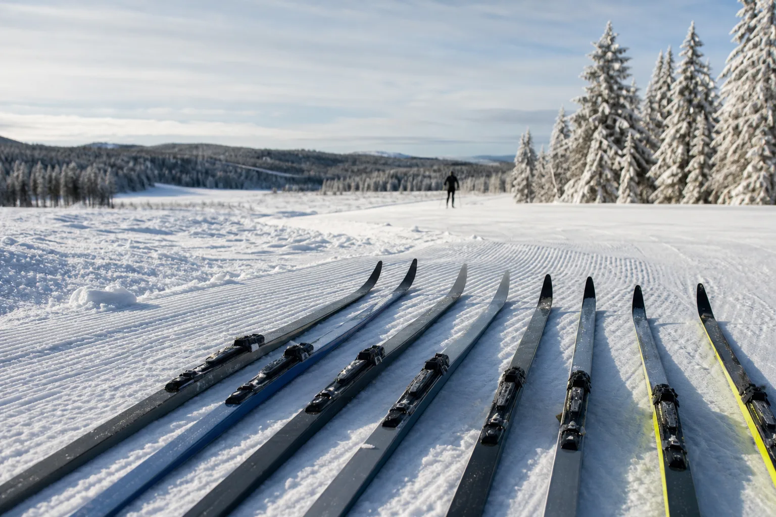 Fem par längdskidor uppradade på snö inför jämförelse, redaktionell fotomiljö