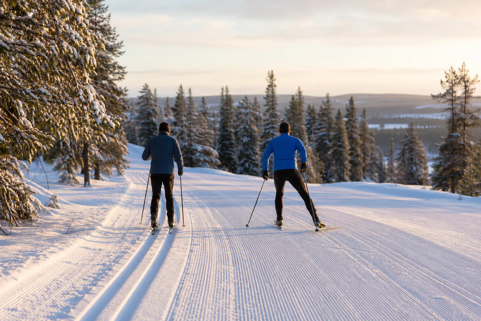 Två längdskidåkare, en i klassiskt spår och en i skateteknik, sida vid sida i vinterlandskap