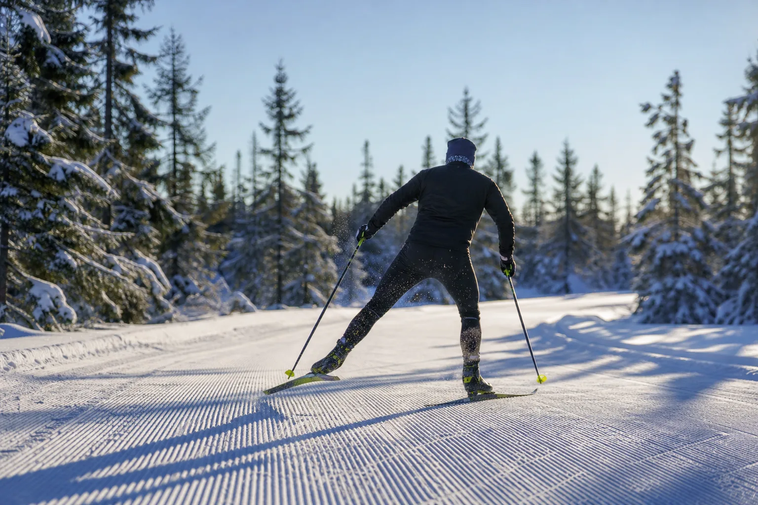 Skateåkare i diagonalt avstamp på en preparerad slinga i vinterlandskap