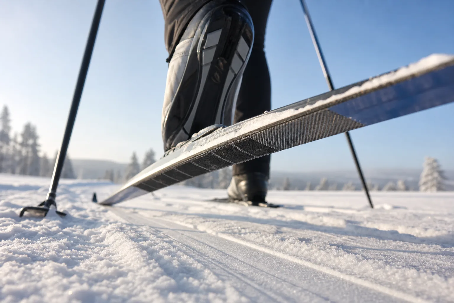 Närbild på fästzonen med skin under en längdskida, redovisad mot snö