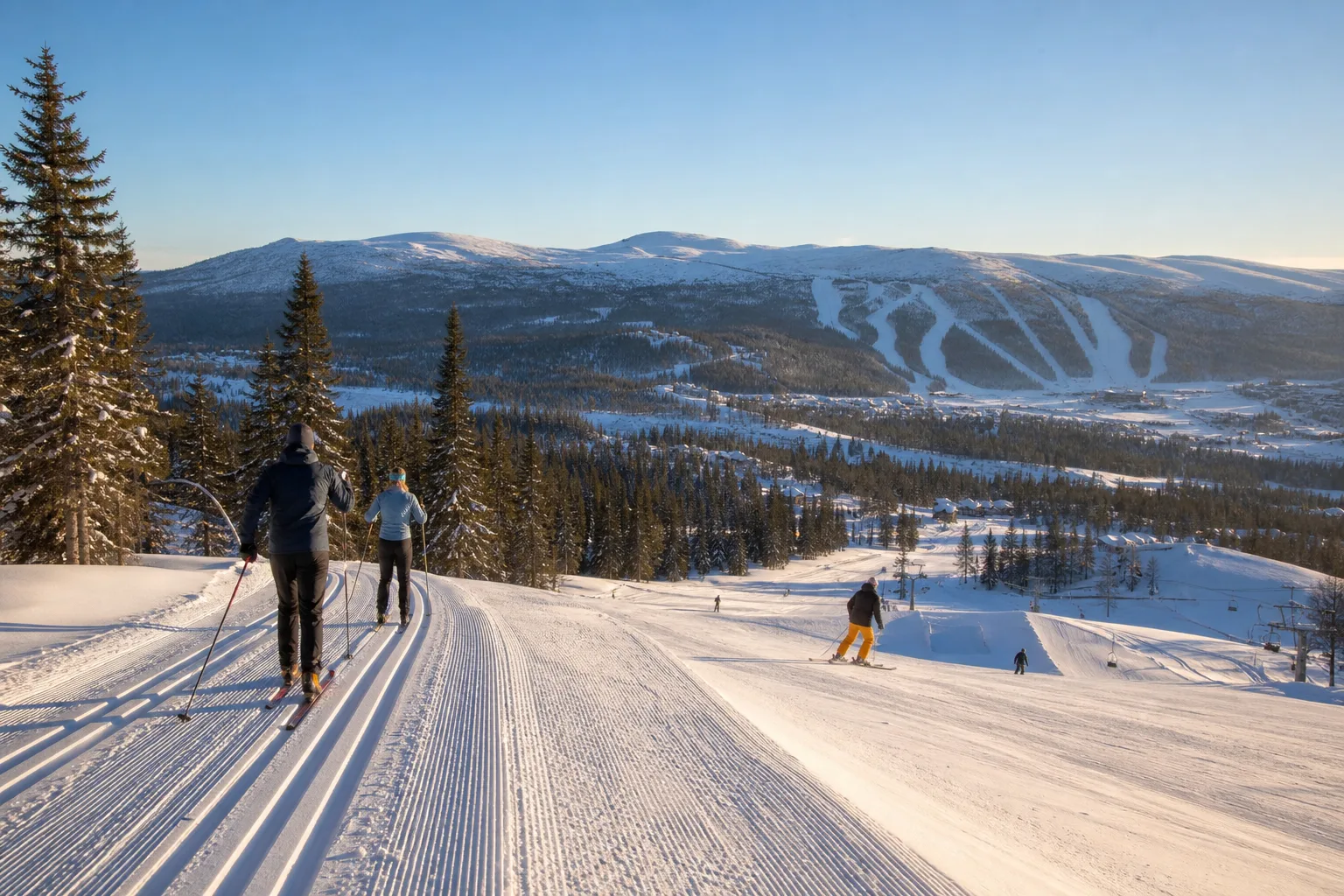Skidåkare i backe och spår en klar vinterdag i svensk fjällmiljö, panoramavy över skidort