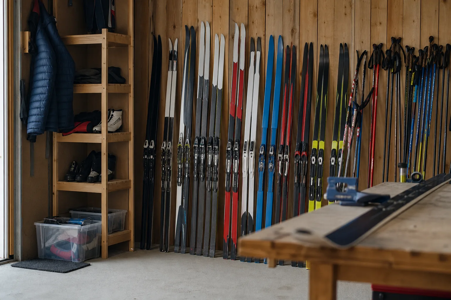 Skidor och stavar förvaras stående mot en vägg i ett torrt och ventilerat förråd