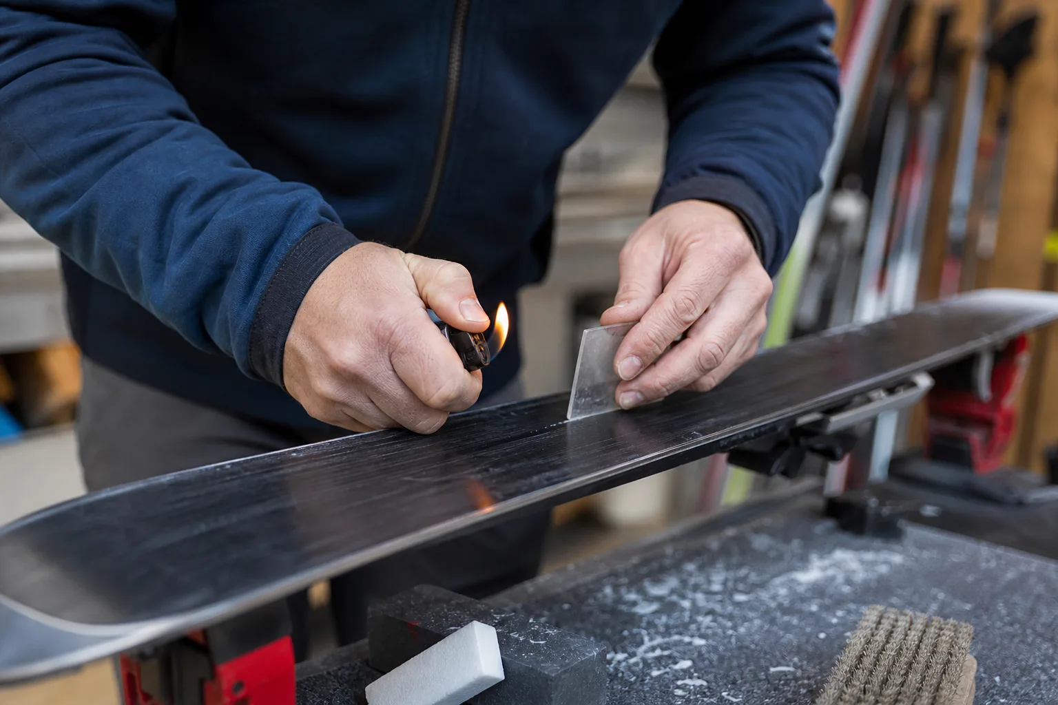 P-Tex smälts ner i en repa på en skidas belag med en tändare och plexiskrapa i handen