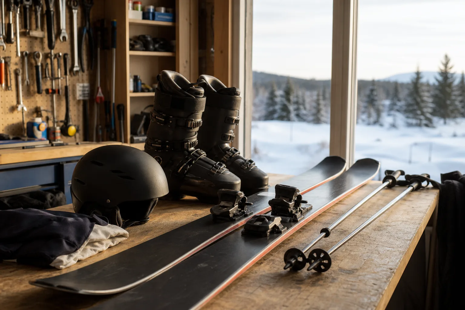 Skidutrustning packad och utlagd inför en skidresa: skidor, pjäxor, hjälm och stavar