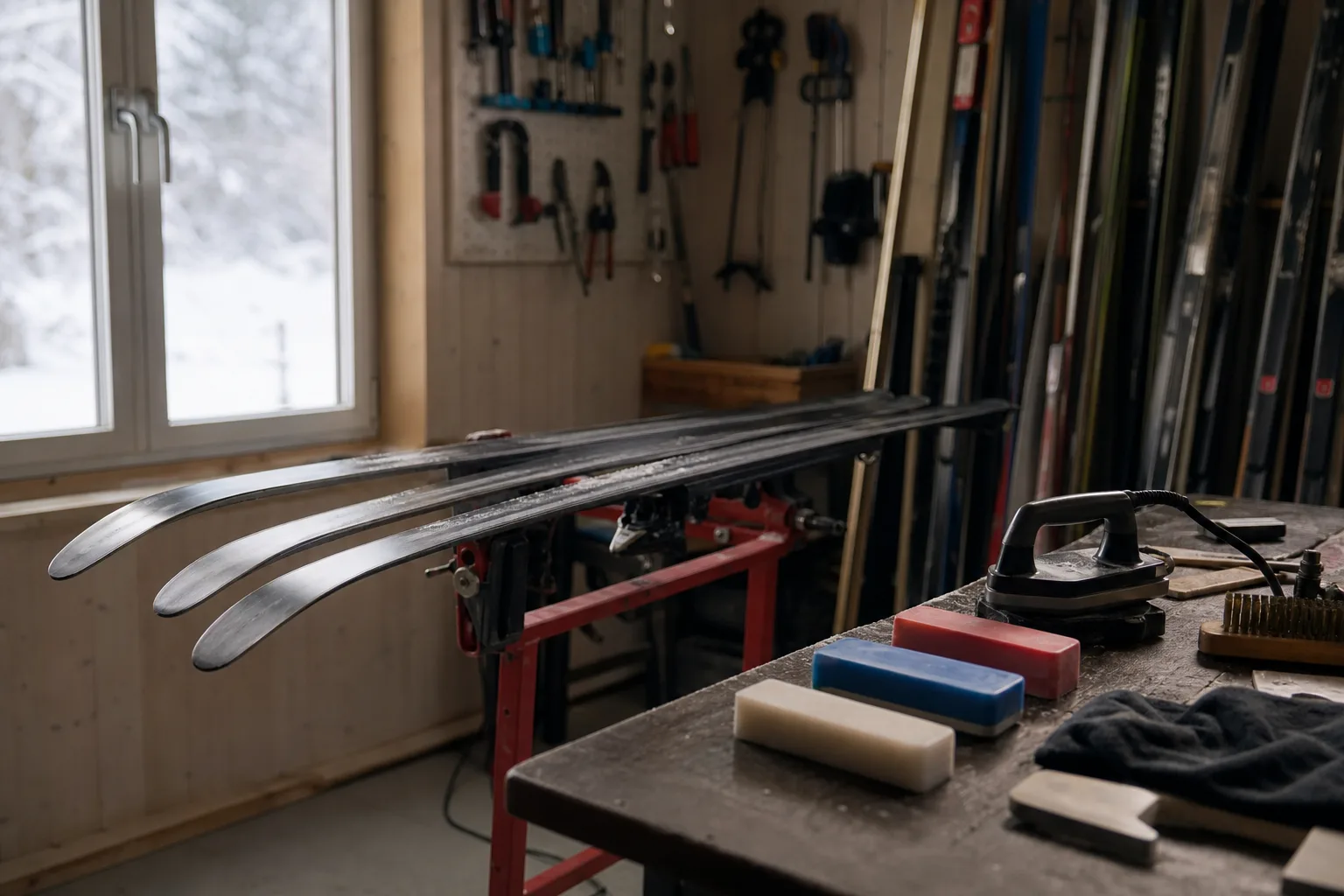 Skidor läggs upp för slipning och skötsel i en verkstad
