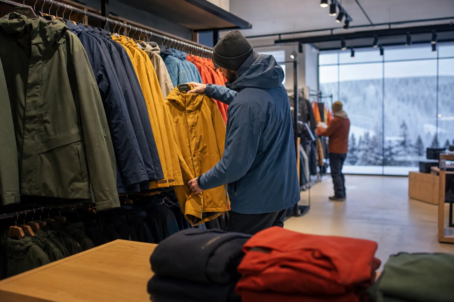 Skidåkare i skidjacka jämför utbudet av jackor i en skidbutik