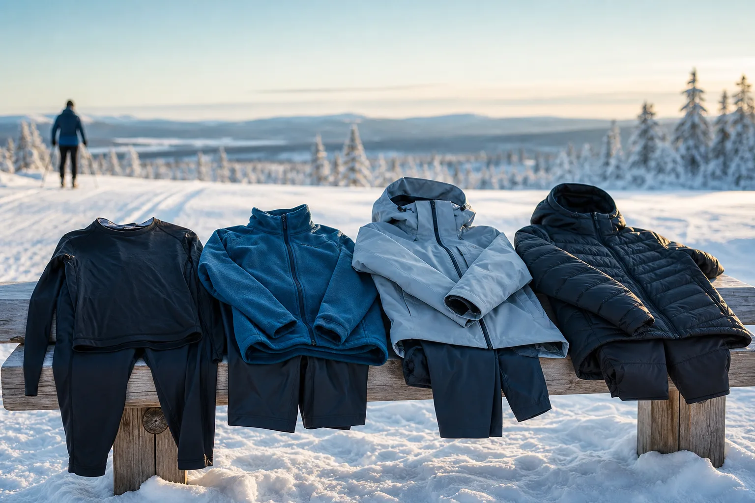 Fyra klädlager utlagda bredvid varandra inför en dag på skidor