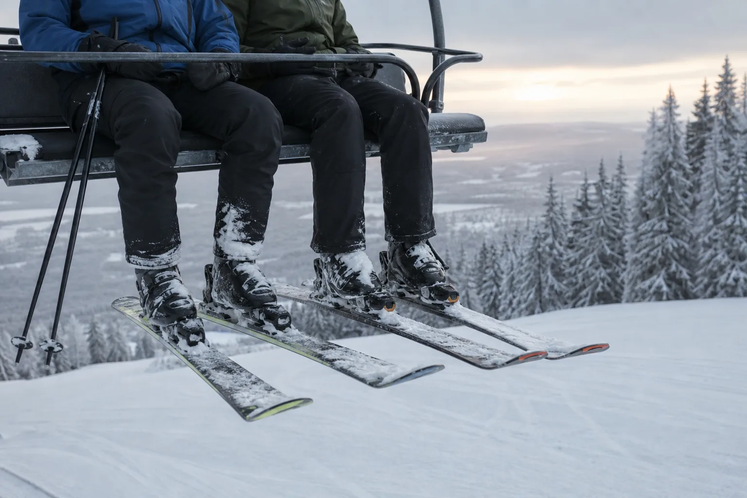 Skidåkare i skidbyxor sitter i stolslift med snö runt vristerna