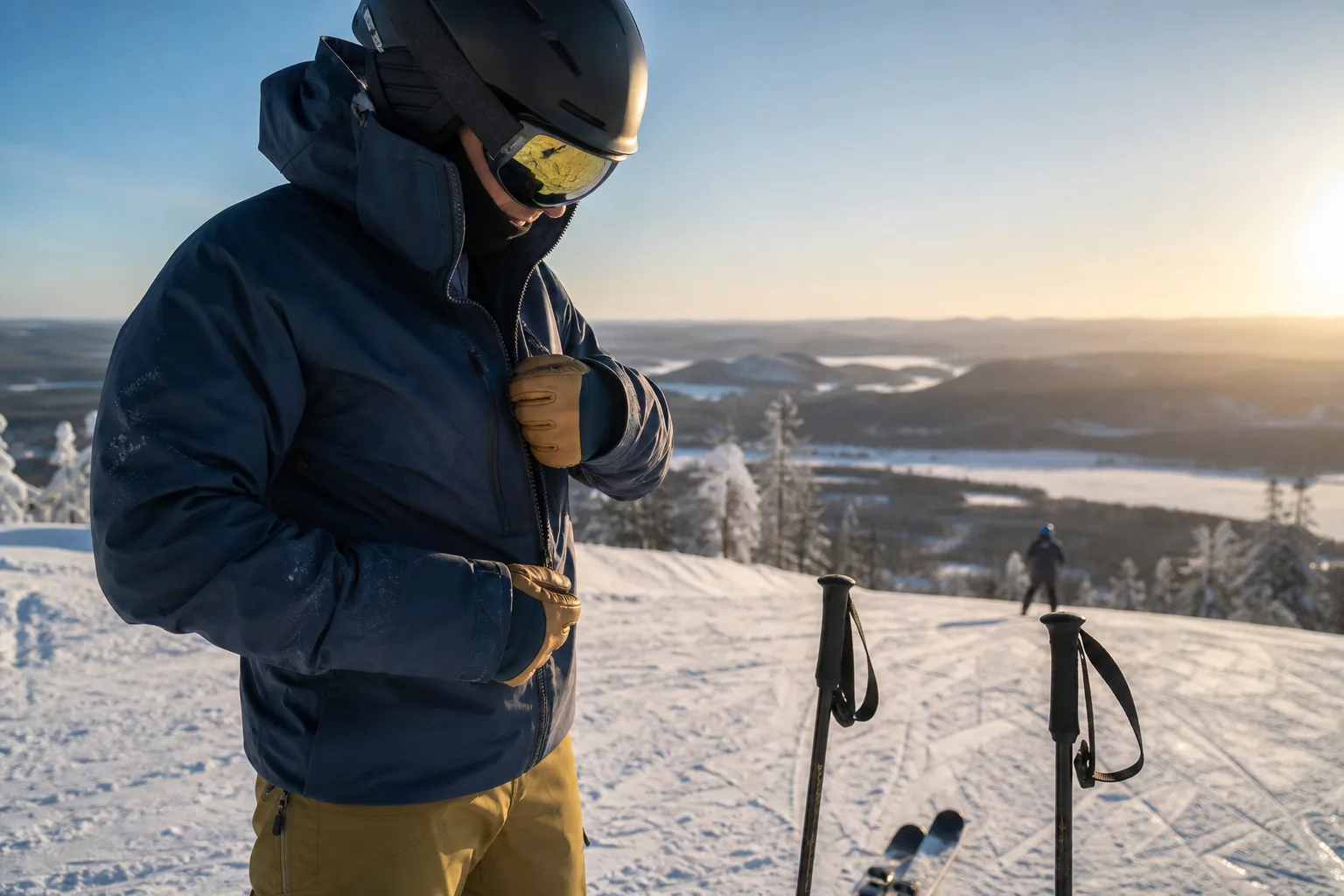 Skidåkare knäpper skidjackan innan avfärd nedför backen
