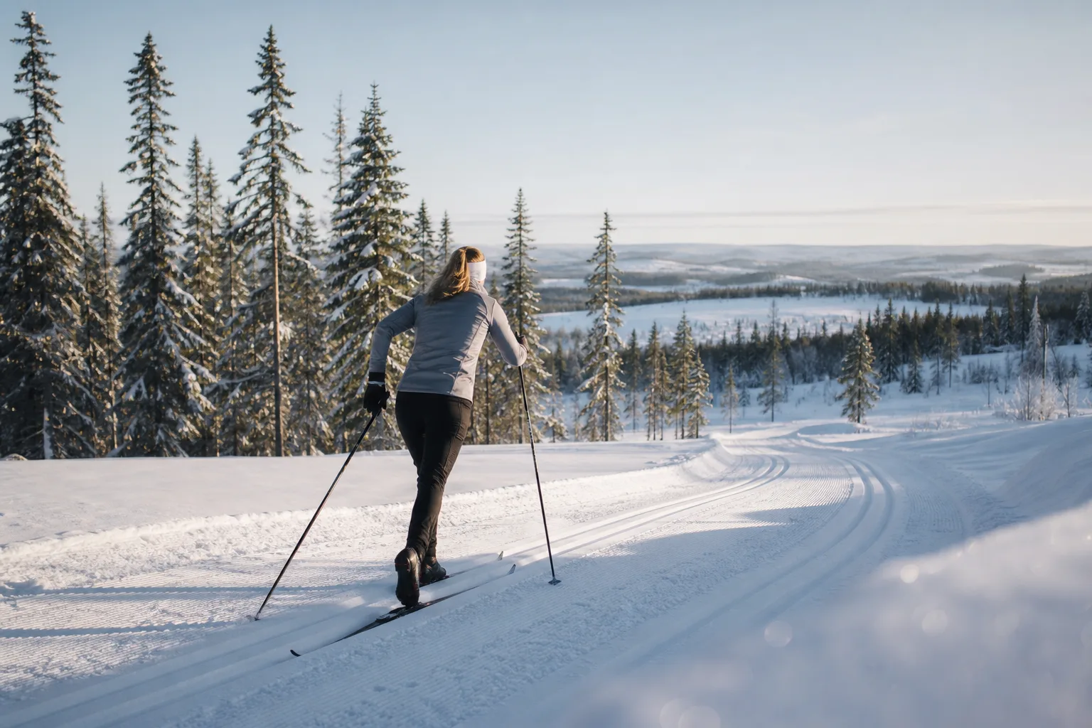 Längdskidåkare i tunna, andningsbara skidkläder i ett vinterlandskap