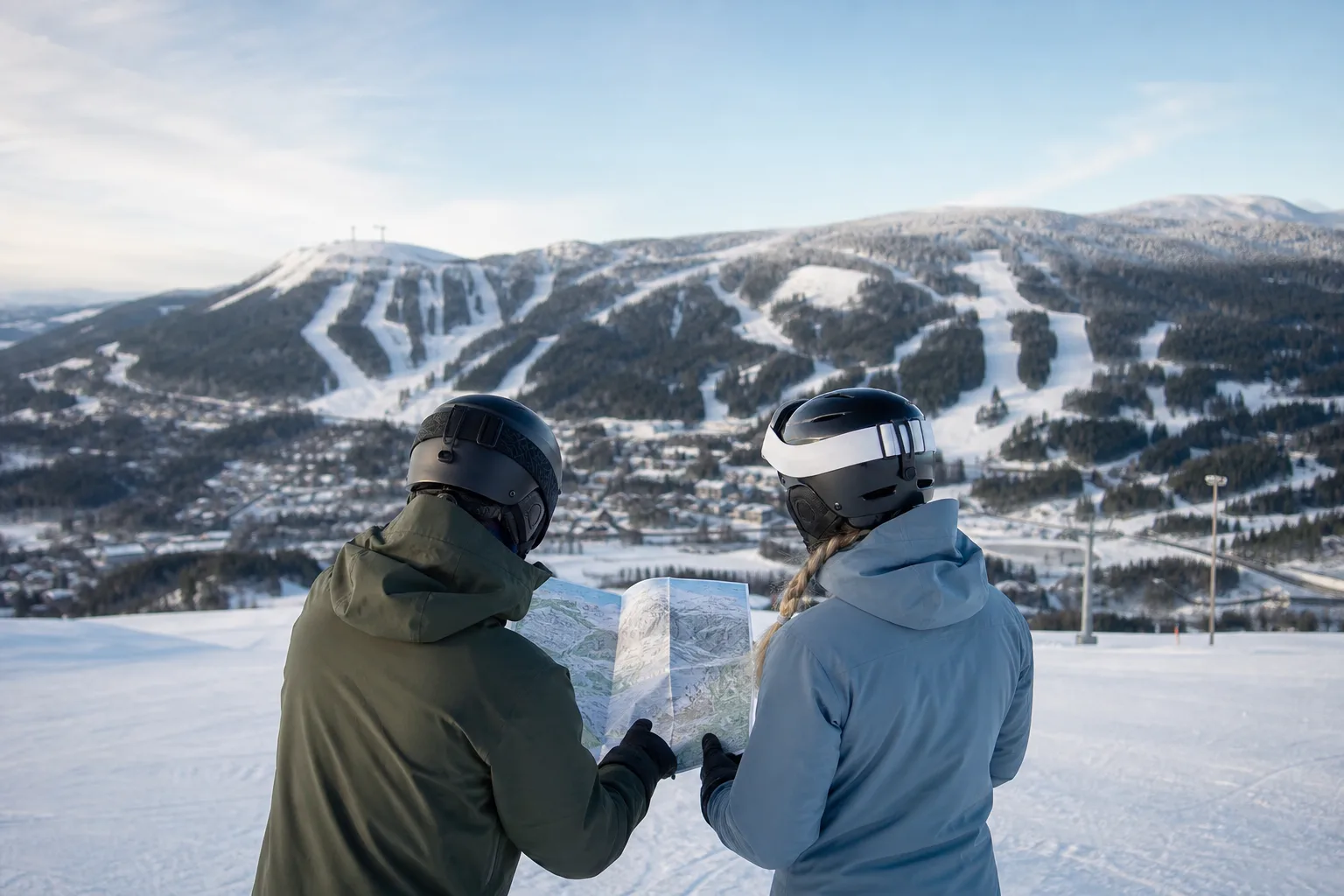 Två skidåkare studerar en pistkarta och jämför två olika skidorter