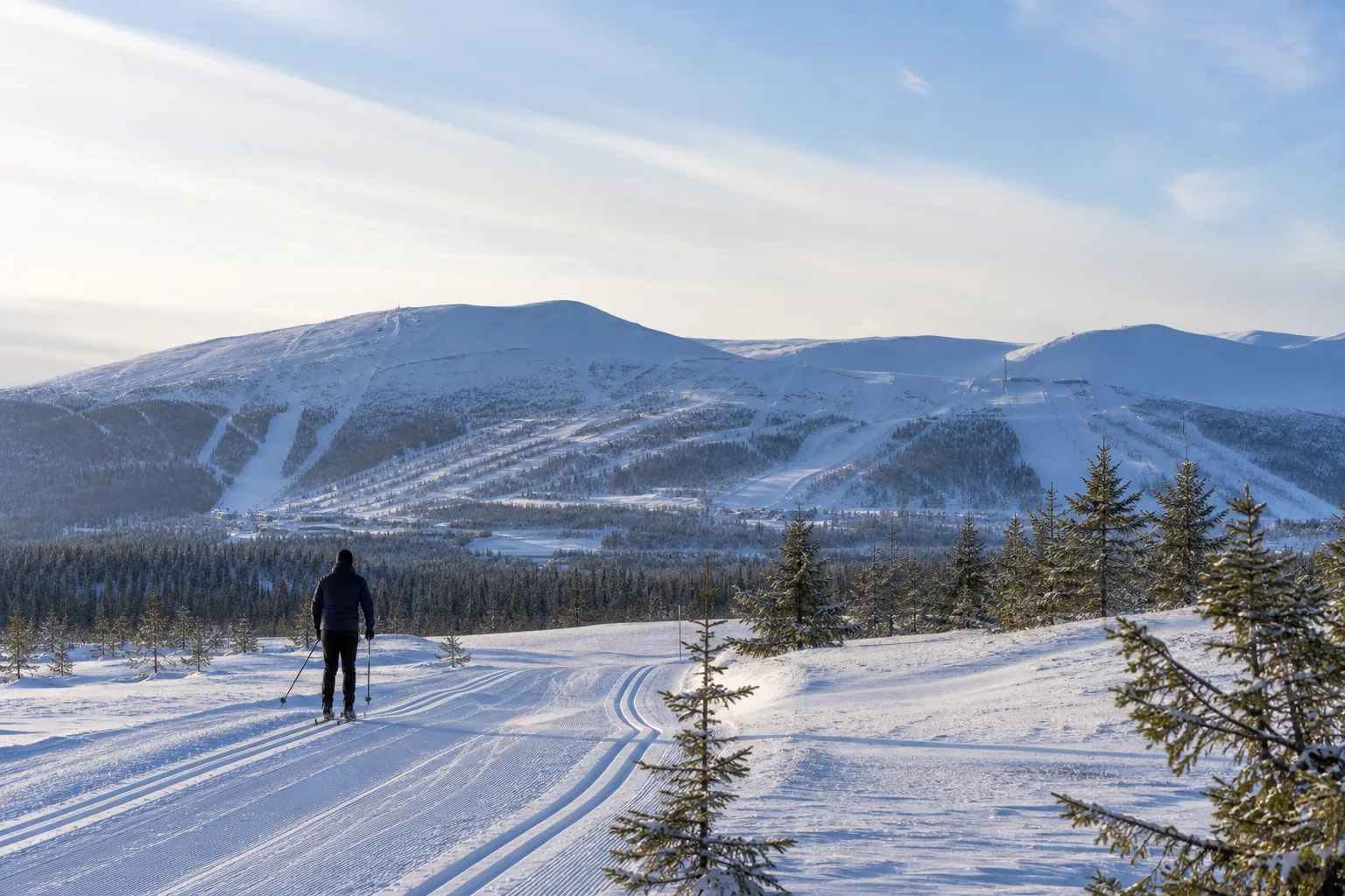 Längdskidåkare i preparerat spår genom svensk fjällterräng