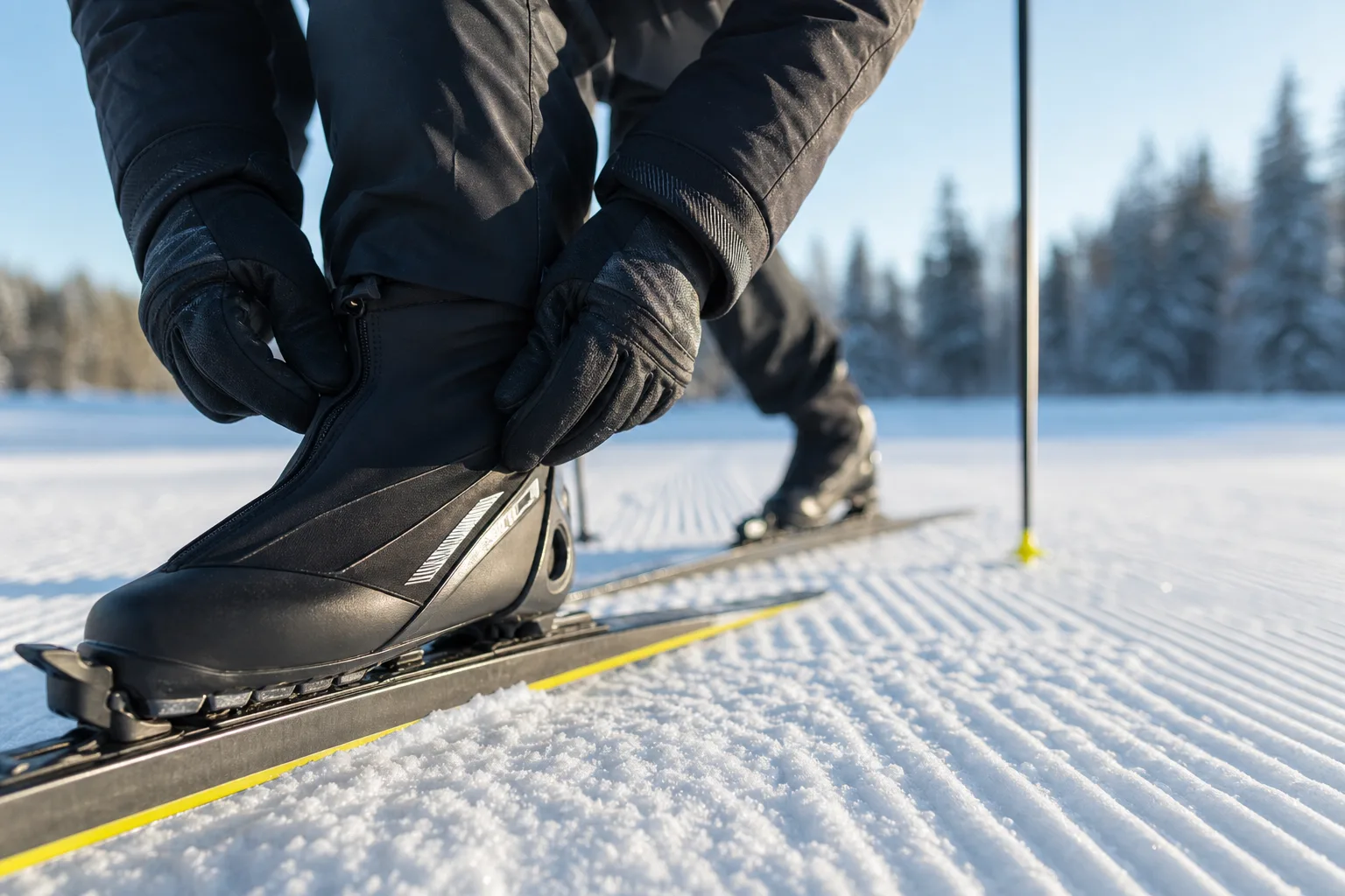 Längdskidåkare spänner fast pjäxor i bindningen på en preparerad skateyta