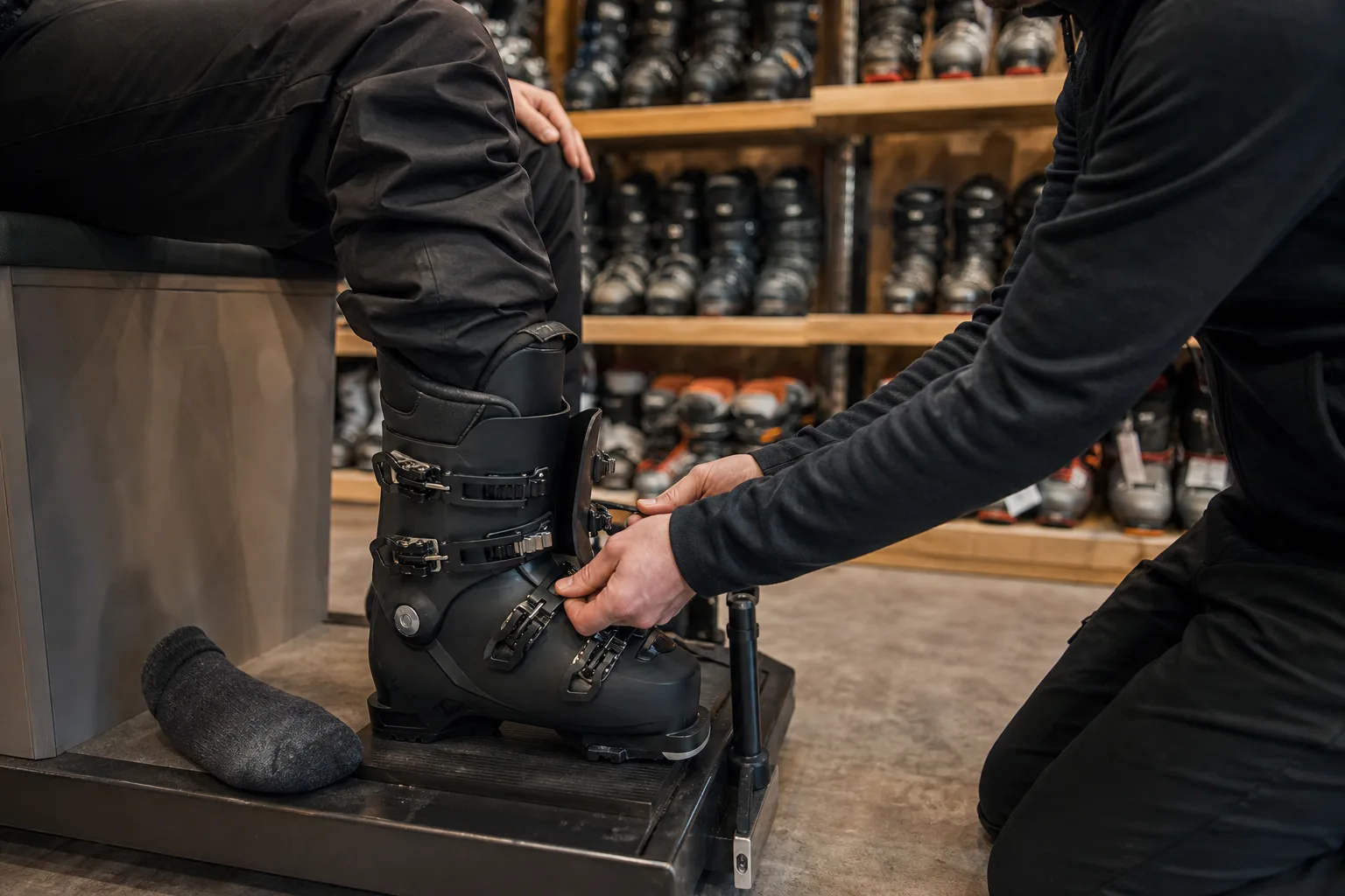 Bootfitter kontrollerar passformen på en bred skidpjäxa i butik