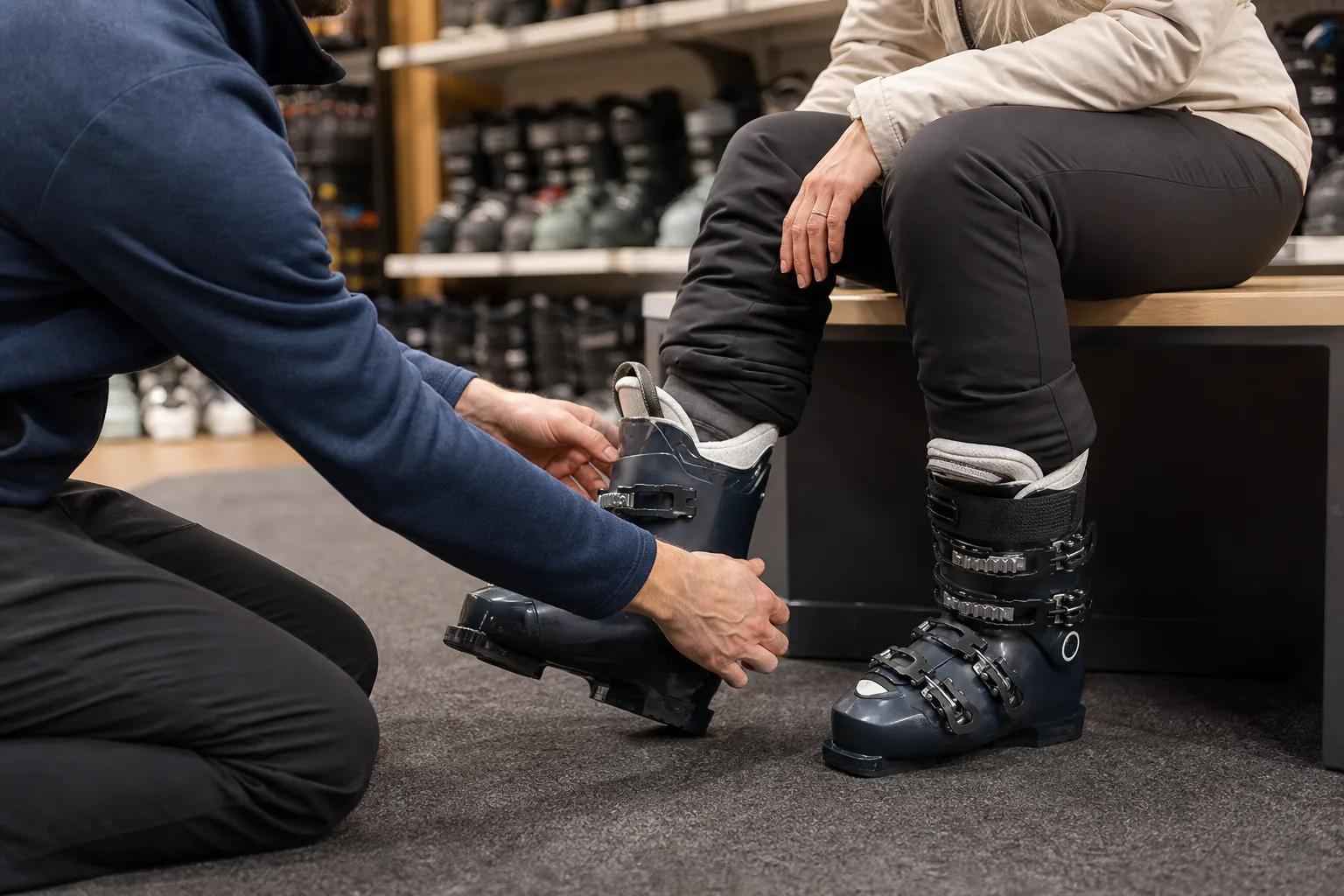 Nybörjare provar ut sina första skidpjäxor med hjälp av personal i skidbutik