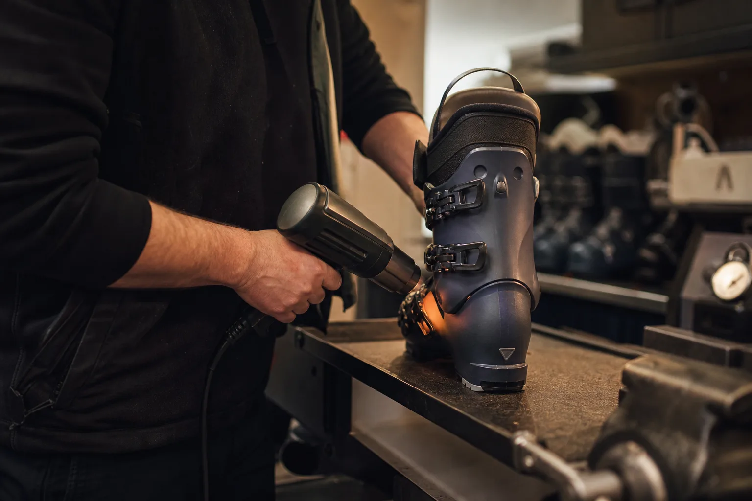 Bootfitter värmer och formar en skidpjäxas liner kring kundens fot i en skidbutik