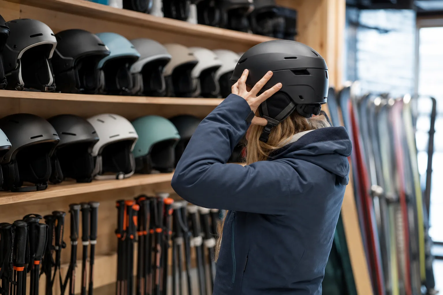 Skidåkare provar och justerar en skidhjälm framför hyllan i en skidbutik