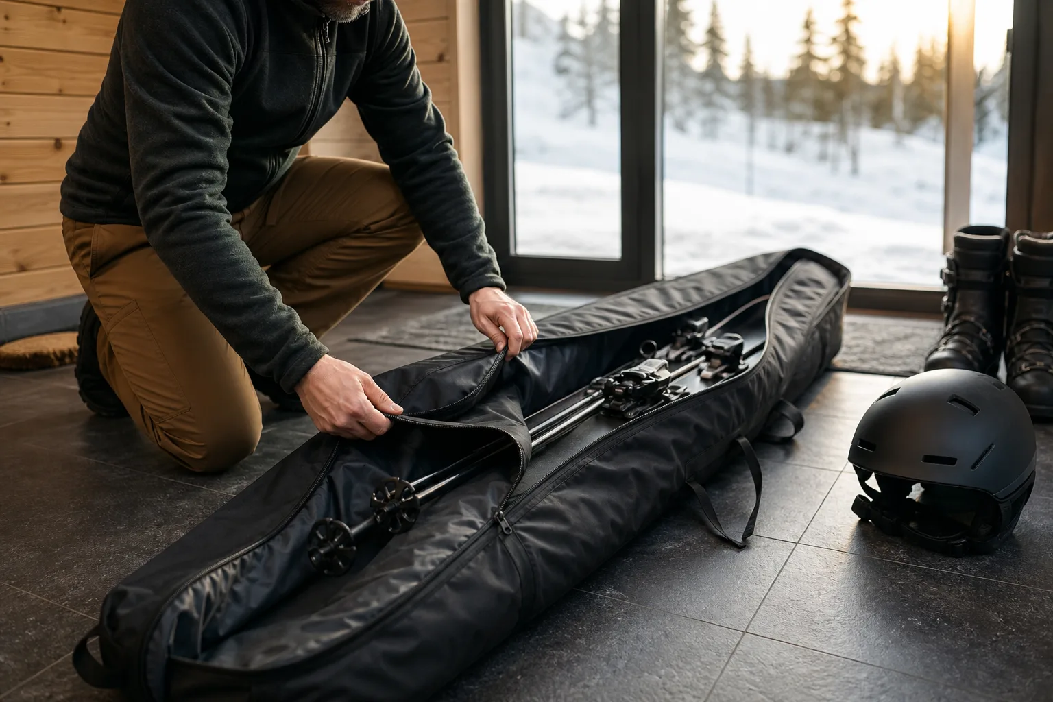 Vadderat skidfodral packas med skidor och stavar inför en resa