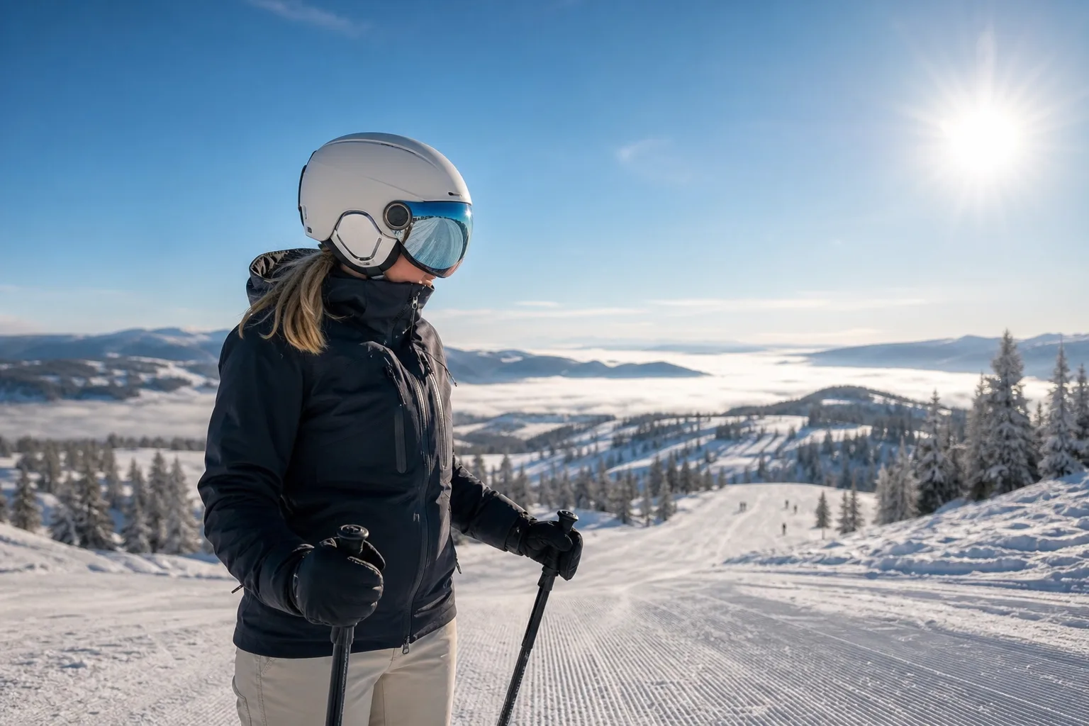 Skidåkare med integrerat visir på hjälmen i solig backe