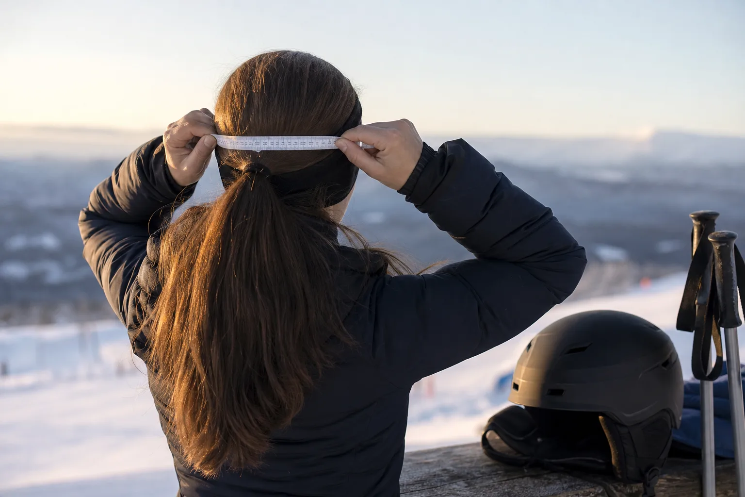 Skidåkare mäter huvudets omkrets med måttband inför köp av skidhjälm
