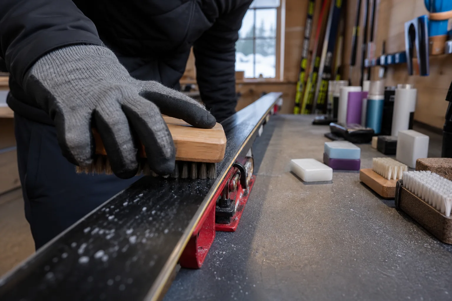 Skidor borstas med lätta drag i löpriktningen för att ta bort överskottsvalla efter torktid