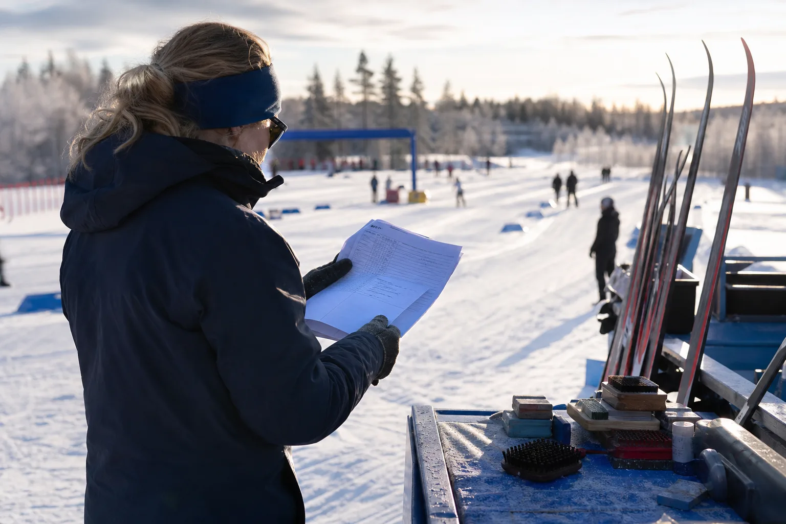 Tävlingsfunktionär kontrollerar en tävlingsinbjudan och regeldokument vid en skidtävling
