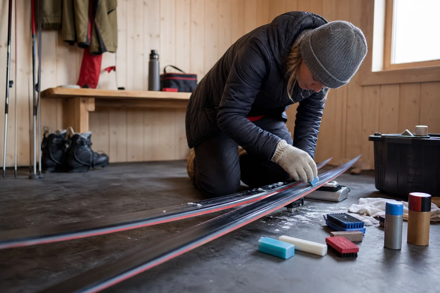 Nybörjare vallar sina första längdskidor hemma på ett underlag med glidvalla, kork och borste