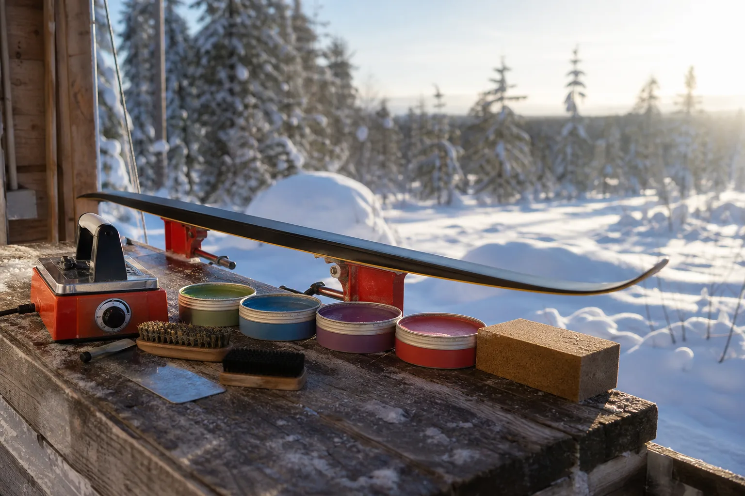 Vallabänk med skidor och färgmärkta vallaburkar sorterade efter temperatur