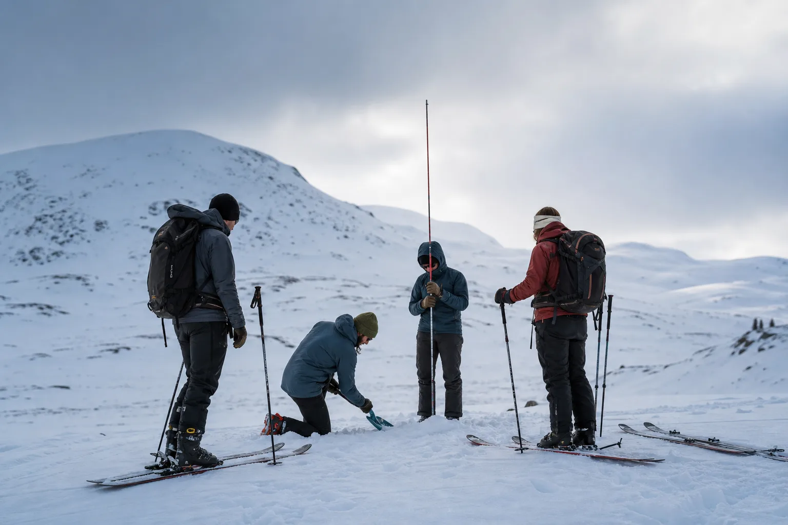 Grupp toppturåkare övar sökteknik med transceiver, sond och spade i fjällterräng