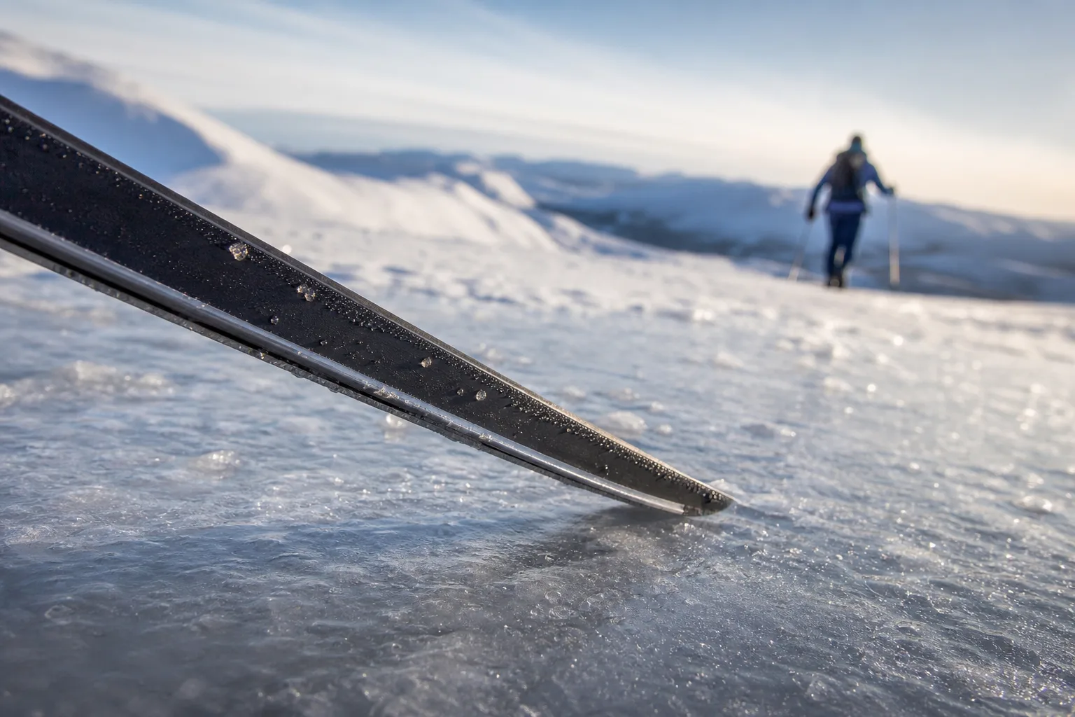 Närbild på turskidans stålkant mot snöigt, delvis isigt underlag i fjällterräng