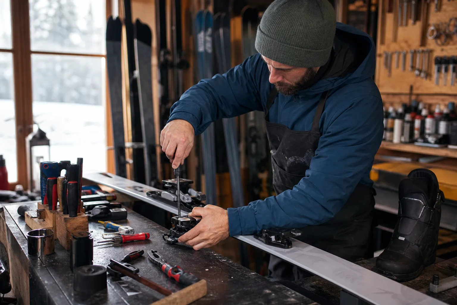 Skidtekniker monterar och justerar en turskidbindning på en skida i en verkstad