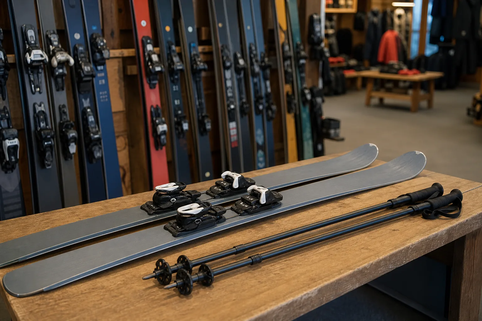 Turskidpaket uppradat med skidor, bindning och stavar redo för provning i butik